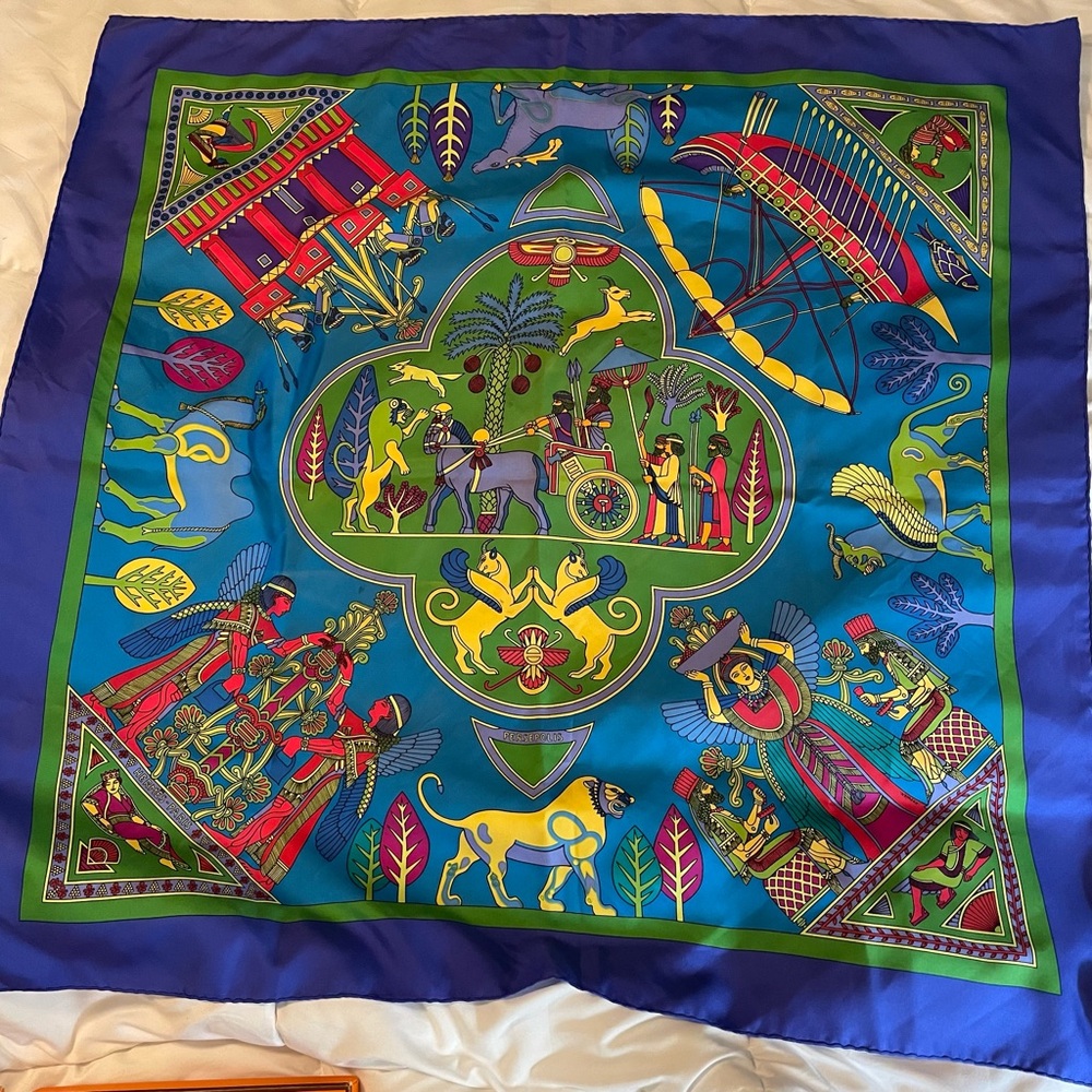 Hermes Blue Green Multicolor Silk Egyptian Motif Scarf